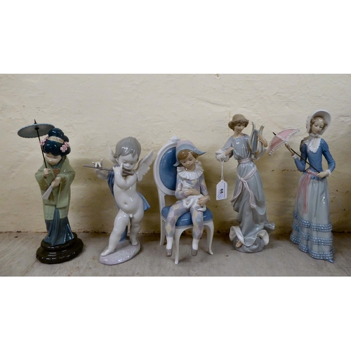 68 - Five Lladro porcelain figures: to include a young woman, holding a parasol  9