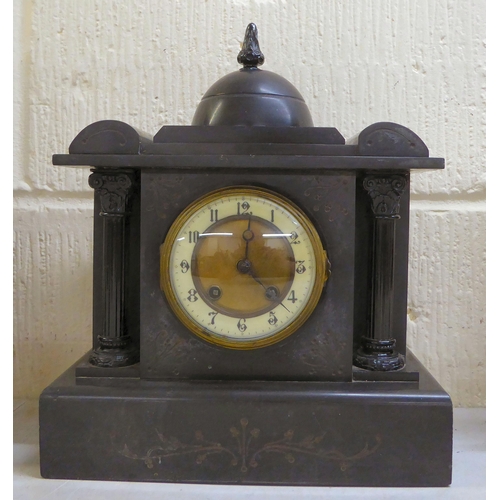 74 - Clocks and timepieces: to include a late 19thC (probably French), black painted and brass mounted ex... 