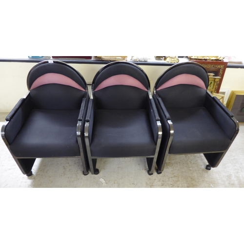 83 - A set of three modern Art Deco design office reception style, fabric upholstered chairs, on casters