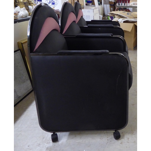 83 - A set of three modern Art Deco design office reception style, fabric upholstered chairs, on casters