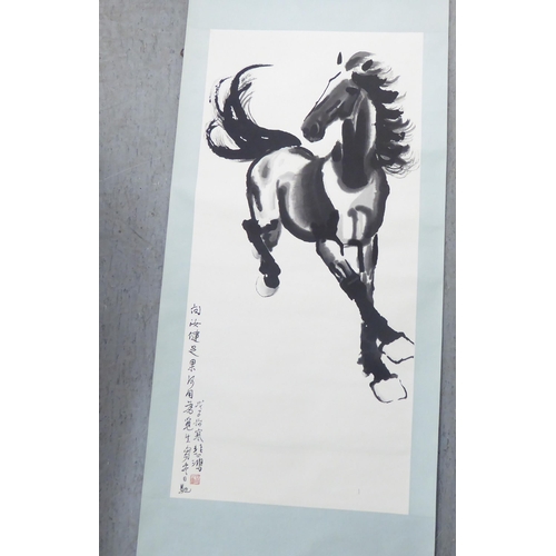 92 - Two 20thC Chinese scrolled watercolours, depicting a horse and pandas