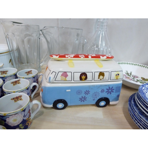 108 - China and glassware: to include a modern novelty china, two-part biscuit jar, fashioned as a VW Camp... 