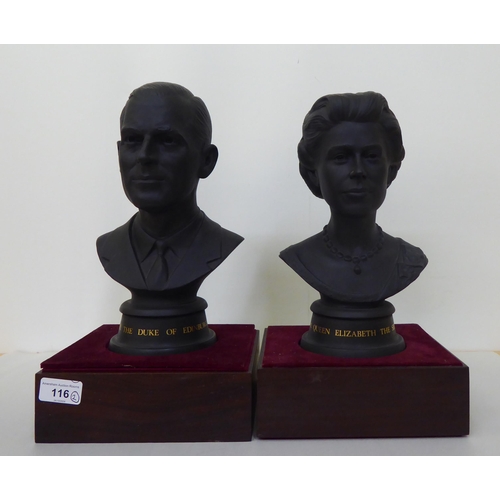 116 - A pair of Royal Doulton black basalt busts, respectively celebrating the Wedding of HM The Queen Eli... 