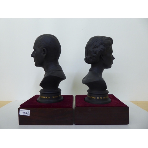 116 - A pair of Royal Doulton black basalt busts, respectively celebrating the Wedding of HM The Queen Eli... 