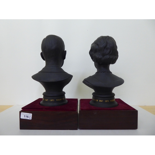 116 - A pair of Royal Doulton black basalt busts, respectively celebrating the Wedding of HM The Queen Eli... 