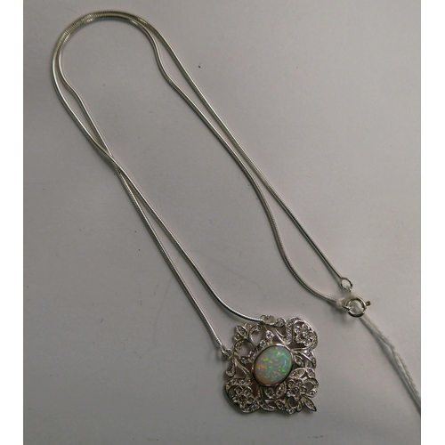 137 - A silver coloured metal opal and cubic zirconia set necklet, on a fine neckchain  stamped 925