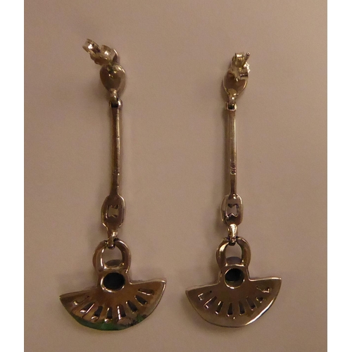 185 - A pair of Art Deco style silver marcasite and gemstone drop earrings  stamped 925