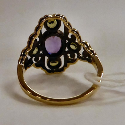 195 - A 9ct gold dress ring, set with an amethyst panel, surrounded by peridots