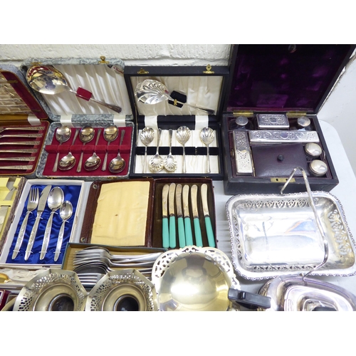 2 - Mainly silver plated tableware: to include a three piece tea set; serving items; and a vanity case&n... 