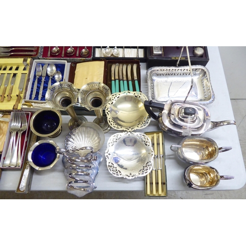 2 - Mainly silver plated tableware: to include a three piece tea set; serving items; and a vanity case&n... 