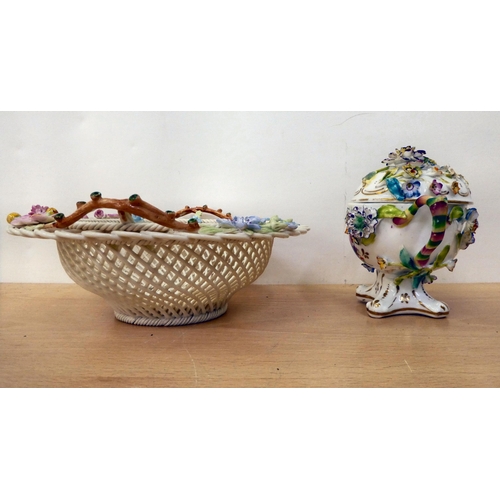 214 - Ceramics: to include a Belleek porcelain basketweave bowl, encrusted with flora  8