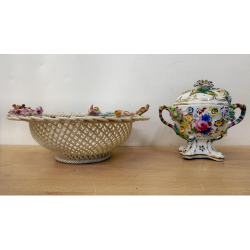 214 - Ceramics: to include a Belleek porcelain basketweave bowl, encrusted with flora  8