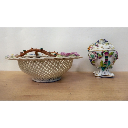 214 - Ceramics: to include a Belleek porcelain basketweave bowl, encrusted with flora  8