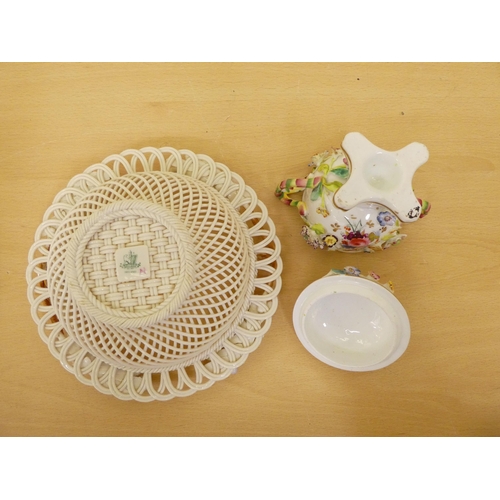 214 - Ceramics: to include a Belleek porcelain basketweave bowl, encrusted with flora  8