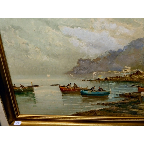 249 - Modern European School - a working village shoreline scene  oil on canvas  23