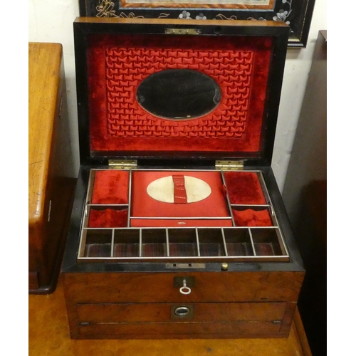 252 - A late Victorian walnut jewellery box with straight sides and a hinged lid, enclosing a part-fitted ... 