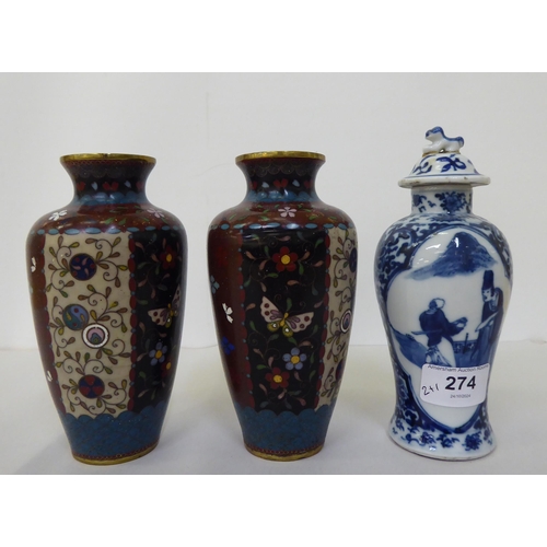 274 - A late 19thC Chinese porcelain vase and cover, decorated in blue and white  6.5