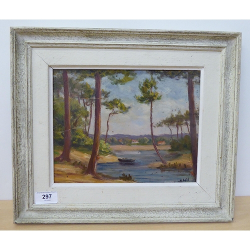 297 - S hall - a woodland riverscape  oil on panel  bears a signature  8