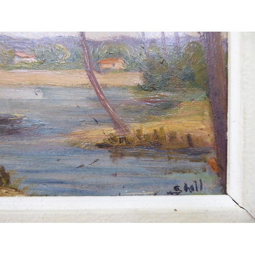 297 - S hall - a woodland riverscape  oil on panel  bears a signature  8