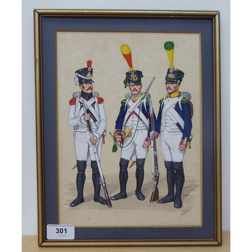 301 - B Artrem - three military musicians  watercolour  bears a signature  8