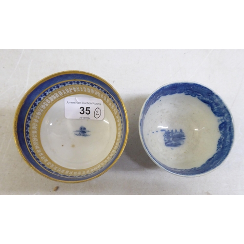 35 - Two 19thC porcelain tea bowls and saucers, decorated in blue and white Oriental taste