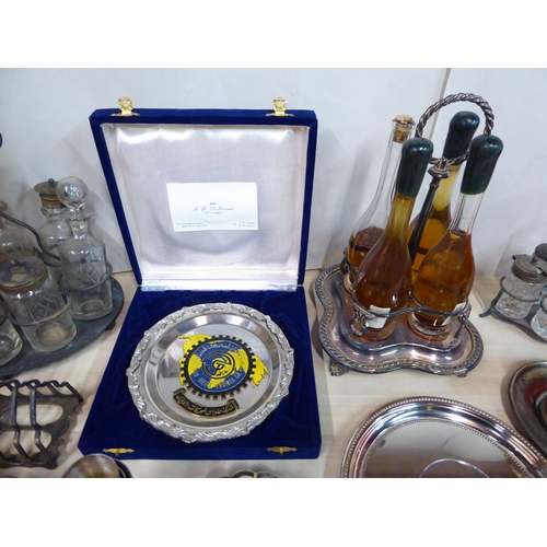 77 - Silver plated tableware: to include three table cruets; and other metalware