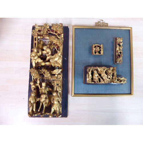 93 - Four late 19th/mid 20thC Oriental gilded, wooden carved panels  largest 6