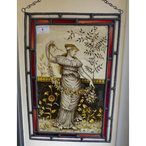 1 - A modern leaded glass panel, featuring a maiden in classical pose with a floral garland  15.5