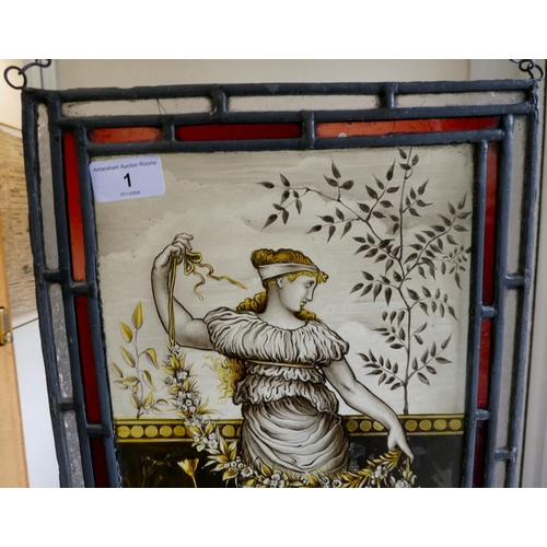 1 - A modern leaded glass panel, featuring a maiden in classical pose with a floral garland  15.5