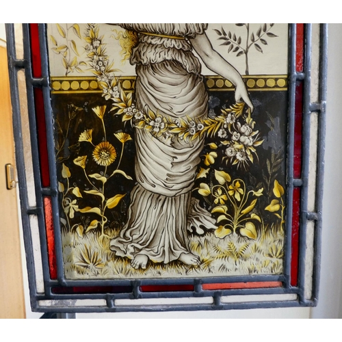 1 - A modern leaded glass panel, featuring a maiden in classical pose with a floral garland  15.5