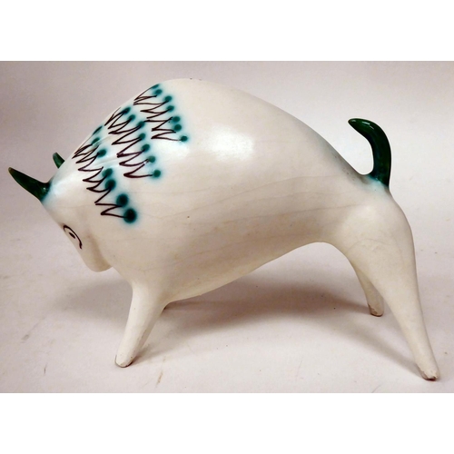 109 - A Roberto Rigon ceramic model of a bull, painted in characteristic zig-zag enamels  3.75