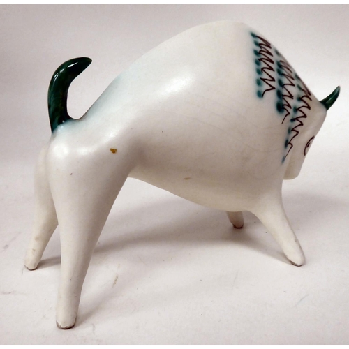 109 - A Roberto Rigon ceramic model of a bull, painted in characteristic zig-zag enamels  3.75