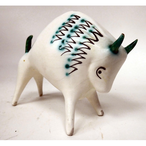 109 - A Roberto Rigon ceramic model of a bull, painted in characteristic zig-zag enamels  3.75