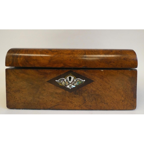 12 - A late 19thC figured walnut casket with straight sides, a hinged lid and inlaid decoration  6