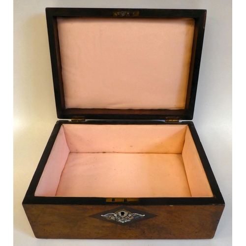 12 - A late 19thC figured walnut casket with straight sides, a hinged lid and inlaid decoration  6