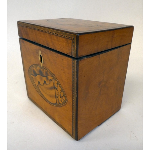 13 - A 19thC inlaid satinwood and shell marquetry tea casket with straight sides and a hinged lid  4.5