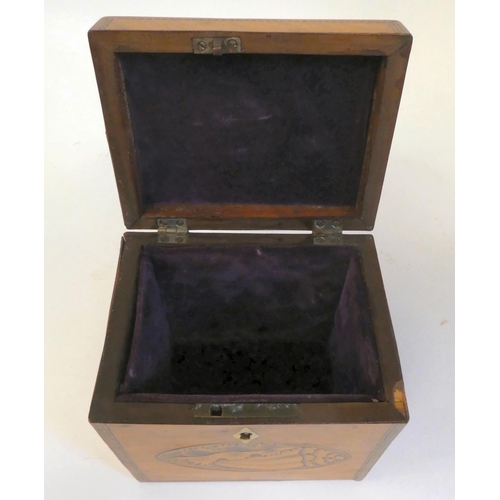 13 - A 19thC inlaid satinwood and shell marquetry tea casket with straight sides and a hinged lid  4.5