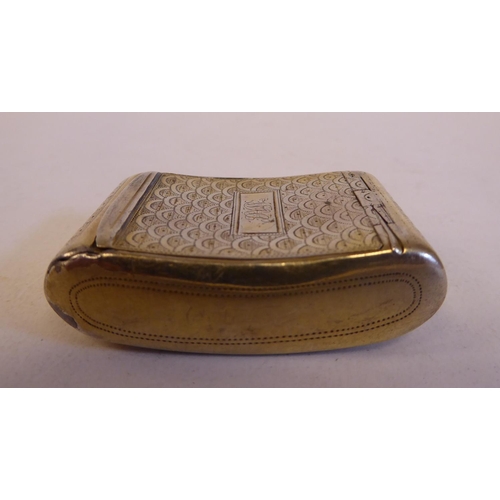 136 - A Georgian silver gilt, cushion moulded snuff box with uniformly, scratch engraved ornament and a fl... 