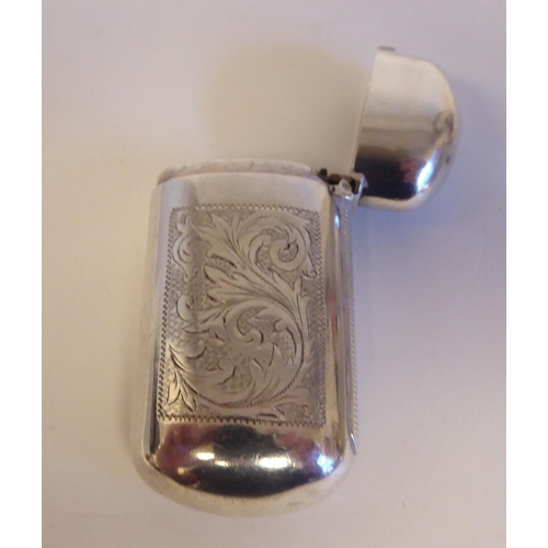 137 - A silver cushion moulded hip flask with a rotating, hinged cap; and a lozenge shape vesta case with ... 