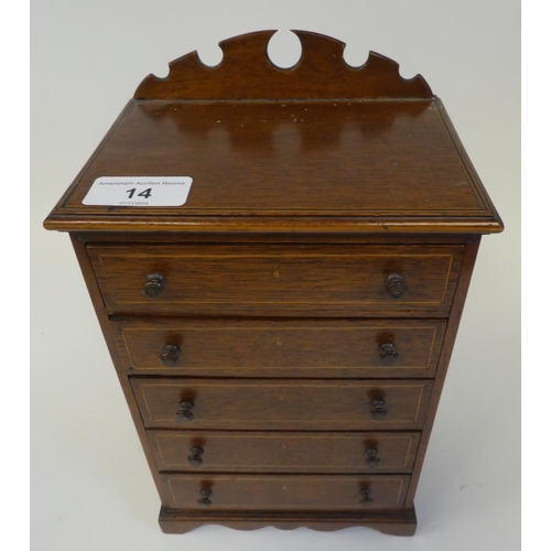 14 - A string inlaid mahogany miniature, five drawer dressing chest, in the manner of an apprentice piece... 