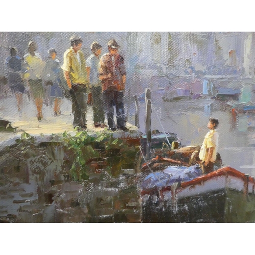 141 - Ivars Jansons - a Belgian canal scene with figures by a moored boat  oil on canvas  bears a signatur... 