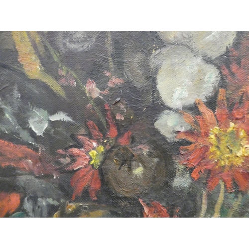 142 - Clare Attwood - mixed flowers in a vase with soft fruit on a table  oil on canvas  bears a... 