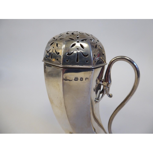 144 - A late Victorian silver horn shape caster with a dolphin's head terminal, scrolled wire handle and d... 