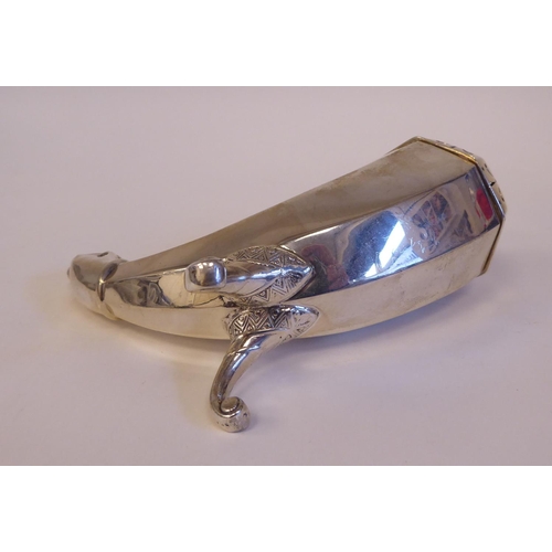 144 - A late Victorian silver horn shape caster with a dolphin's head terminal, scrolled wire handle and d... 