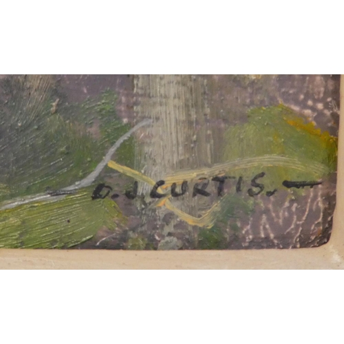 165 - DJ Curtis - a coastal estuary with figures on a footbridge  oil on board  bears a signatur... 