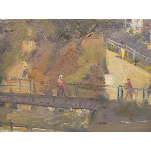 165 - DJ Curtis - a coastal estuary with figures on a footbridge  oil on board  bears a signatur... 