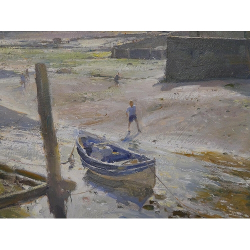 181 - DJ Curtis - 'A Summer Morning' a low tide with figures on the sand  oil on board  bears a ... 