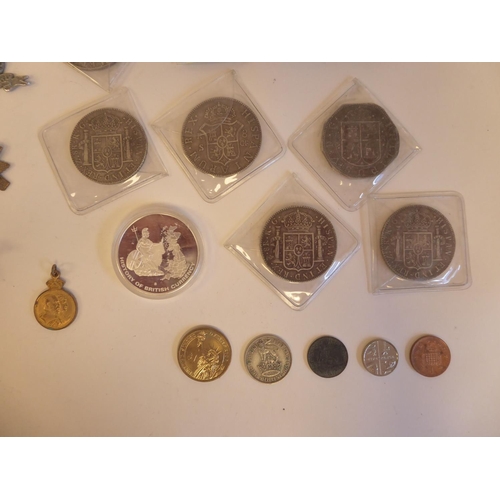 183 - British and other silver coins; and a pre-decimal £5 and £10 note