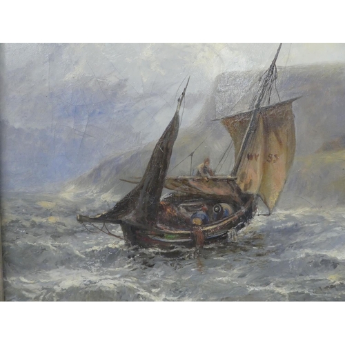 187 - Turner Taylor - a rowing boat approaching a fishing craft, off the coast at Whitby'  oil on can... 