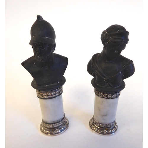 190 - A pair of Wedgwood basalt classical busts, on silver coloured metal pedestals  stamped Wedgwood  3.5... 